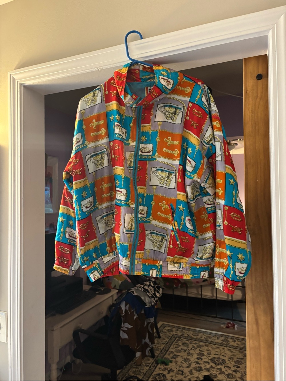Retro Colorblock Print Windbreaker Jacket - Red, Teal, Orange, Gray, White